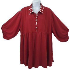 Umgee Tunic Top Collar Womens L Button Tiered Babydoll Crimson Burgundy Dress